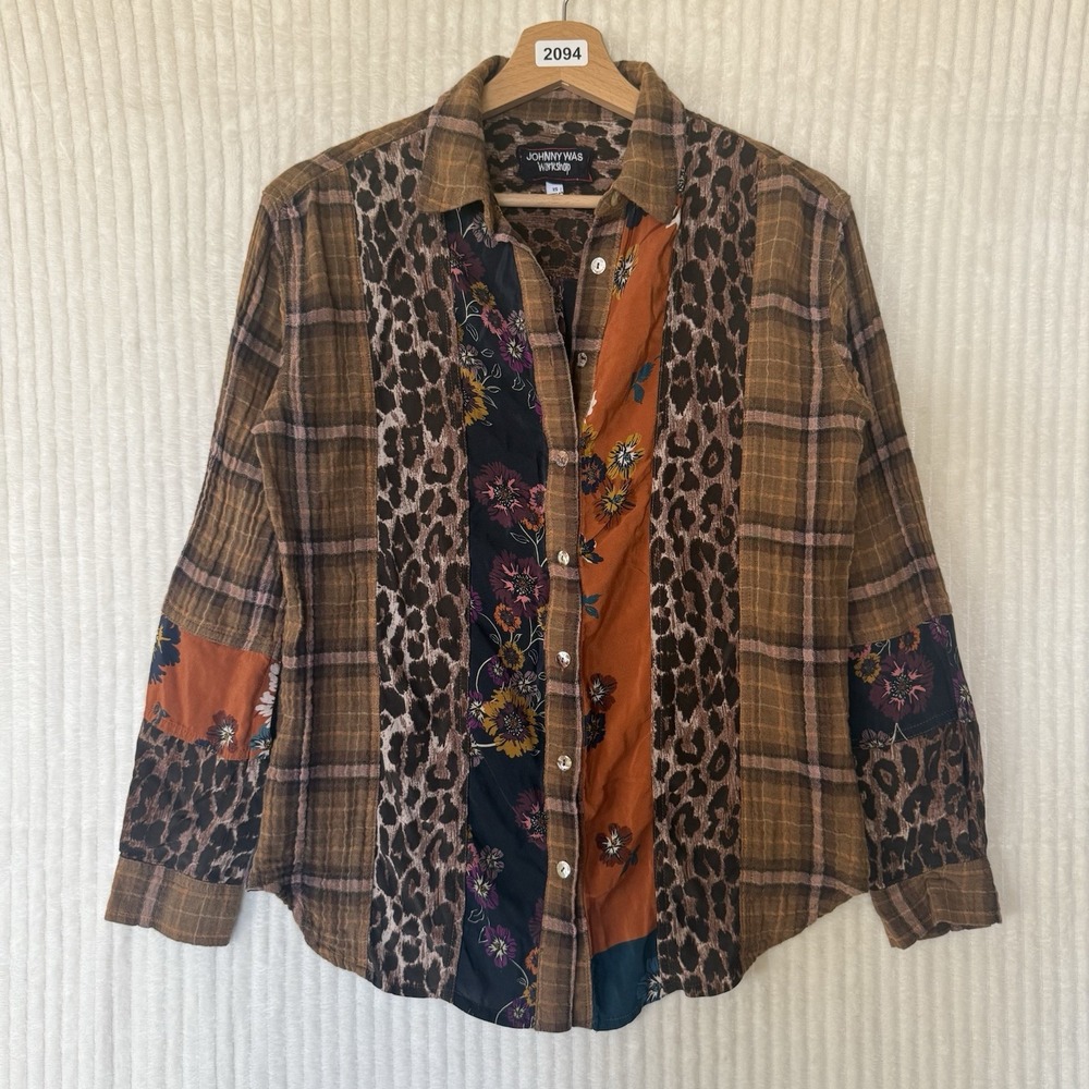 JOHNNY WAS Workshop Plaid Mix Floral Leopard Button Up Shirt Size XS Cotton Silk